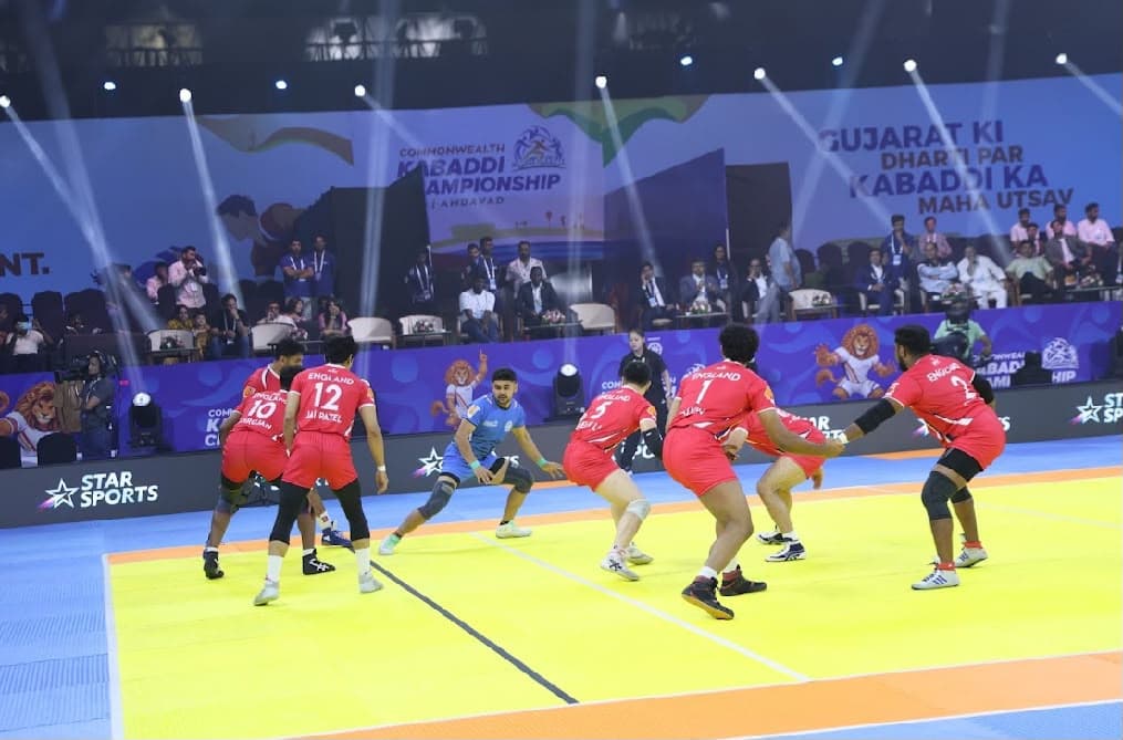 An India raider faces the England defence at the Commonwealth Kabaddi Championship
