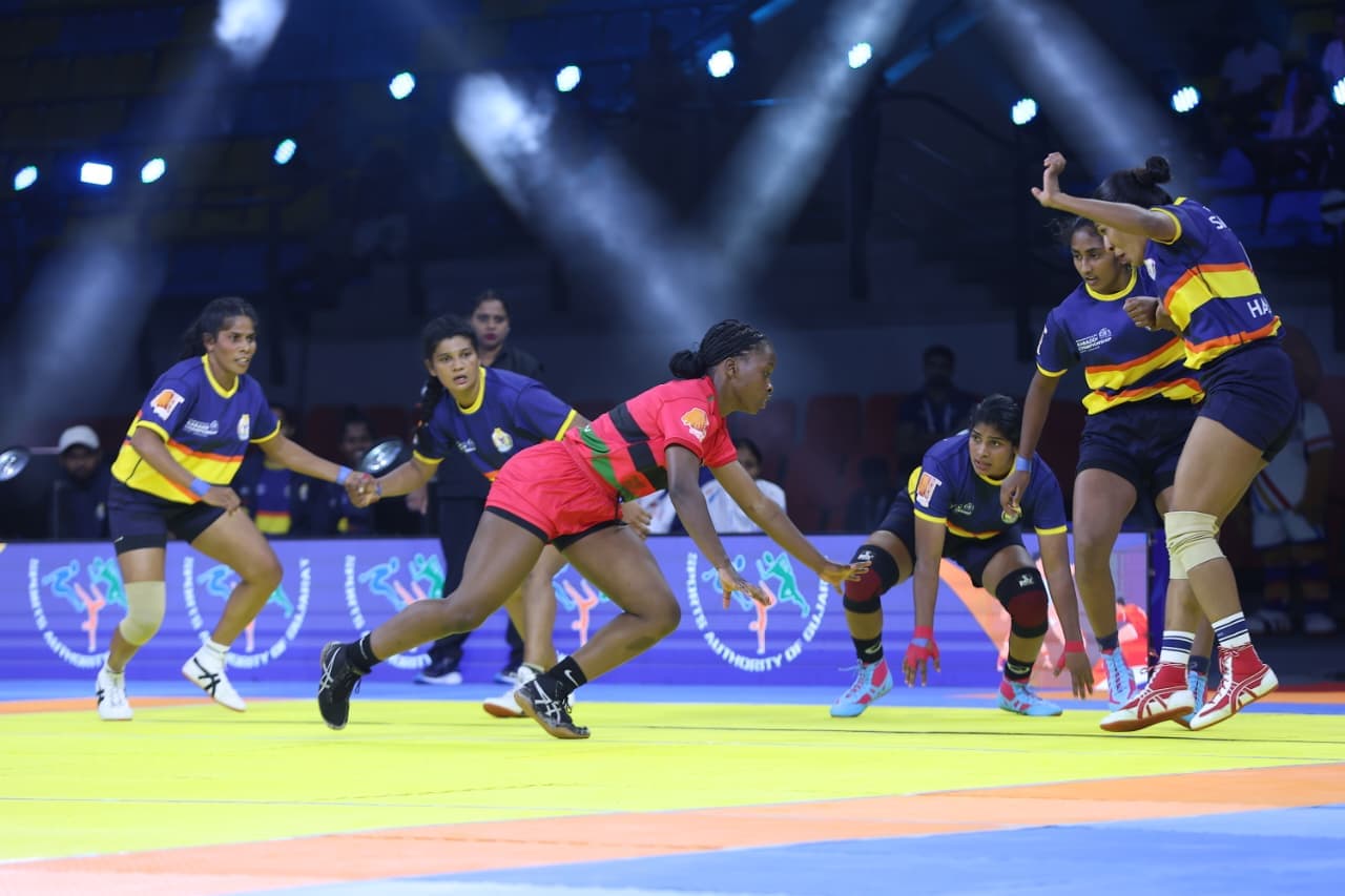 A Kenya raider in action against Sri Lanka's women at the Commonwealth Kabaddi Championship