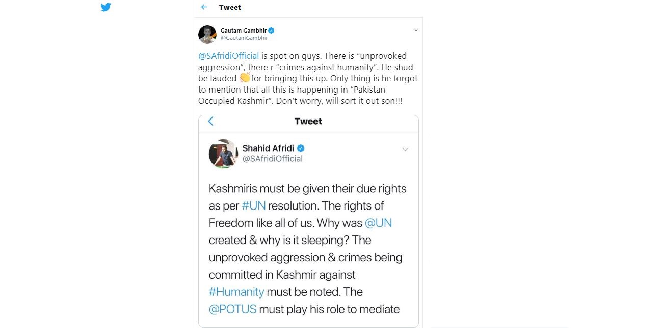 Gambhir Trolls Afridi Controversial Kashmir Tweet: