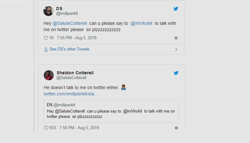 Sheldon Cottrell Comes up With a Witty Reply to an Indian Fan