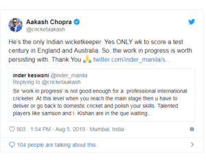Aakash Chopra Bats for Rishabh Pant