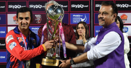 Gautam Gambhir winning the Legends league cricket trophy
