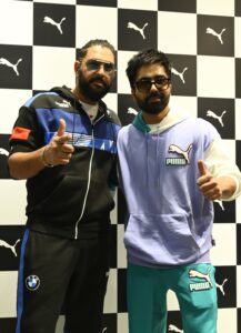 PUMA ambassadors Yuvraj Singh (left) and Harrdy Sandhu (right) and during Puma's store launch at Elante Mall in Chandigarh on Saturday. 1
