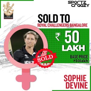 Sophie Devine bagged got sold on the base prize of 50 Lakhs INR Auction to RCB Women
