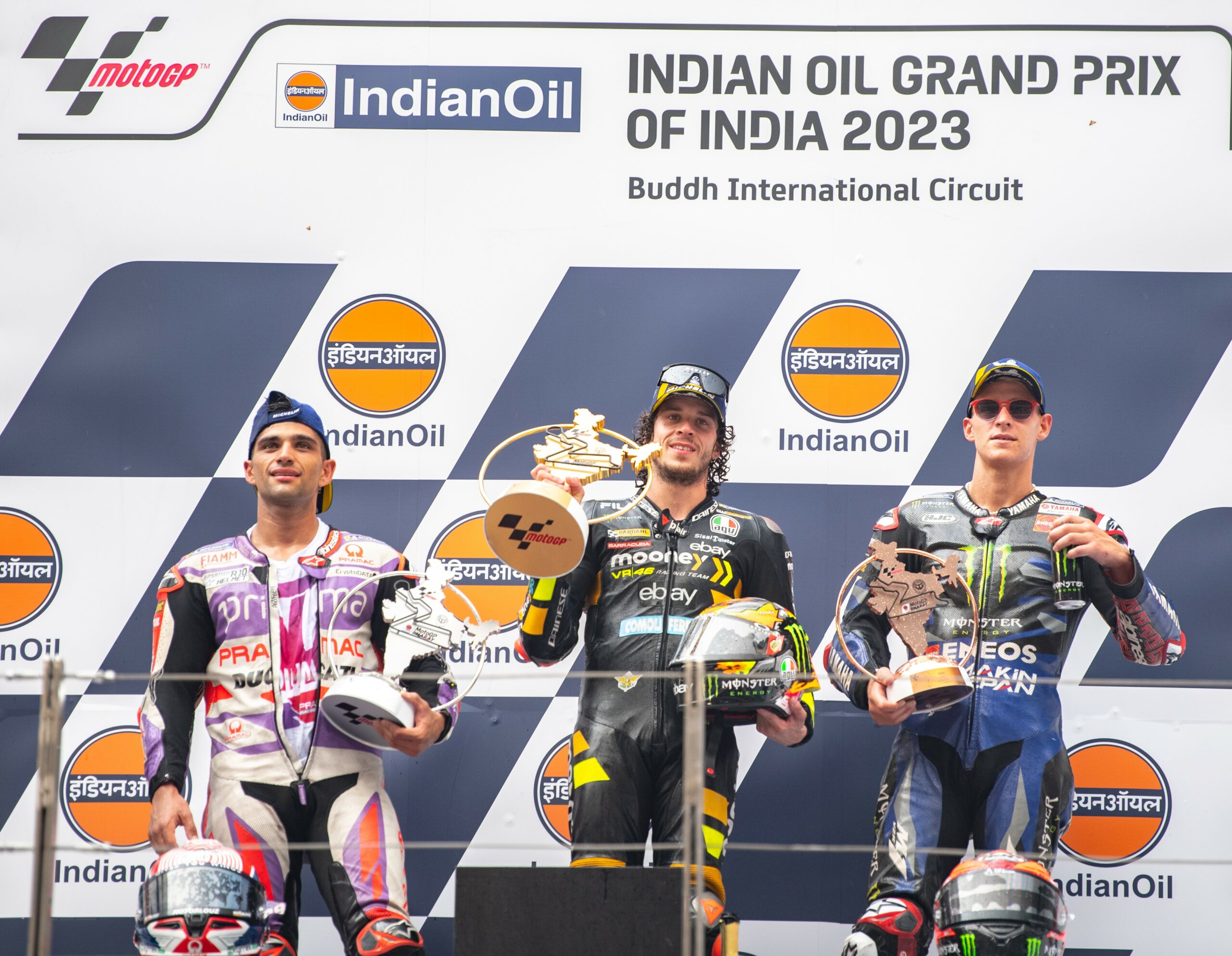 (L-R) Jorge Martin, Marco Bezzecchi, Fabio Quartararo- Bezzecchi lauded India and the crowd and expressed eagerness to come to India next year