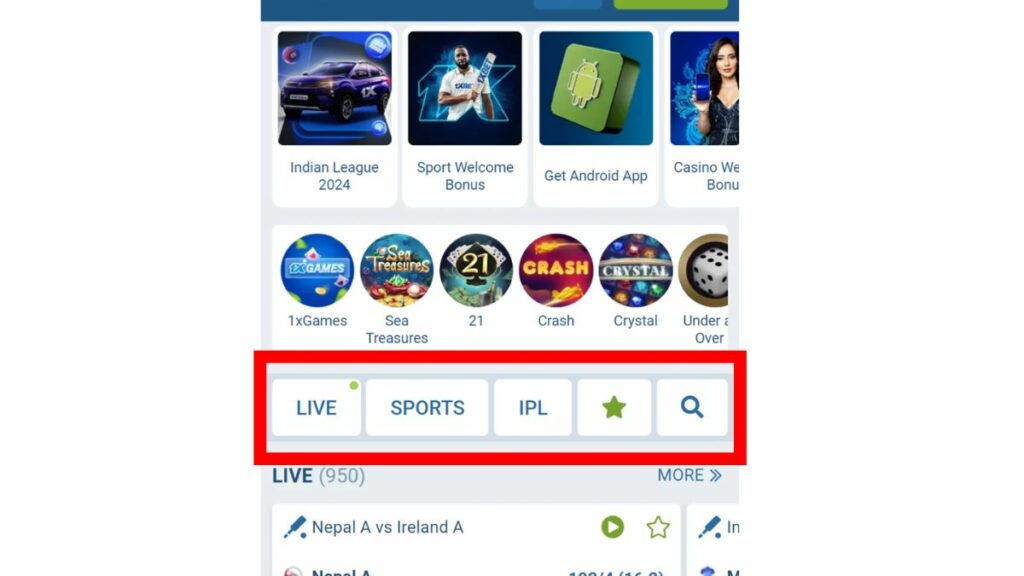 Sport section on 1xBet