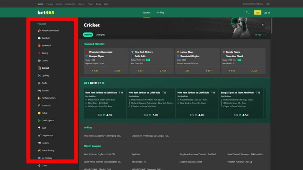 Betting markets in Bet365