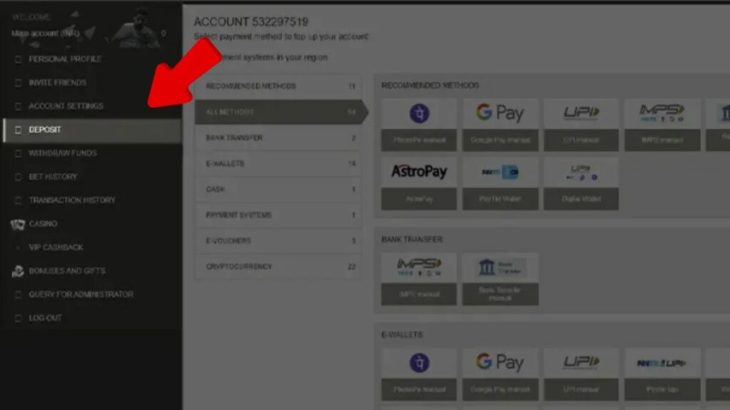 Deposit option in Megapari