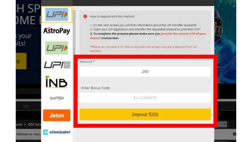 deposit the money in your 10cric account