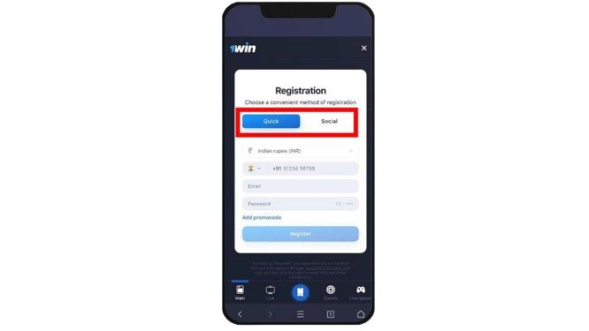 1win registration method