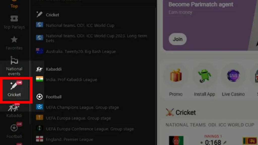 cricket betting at Parimatch
