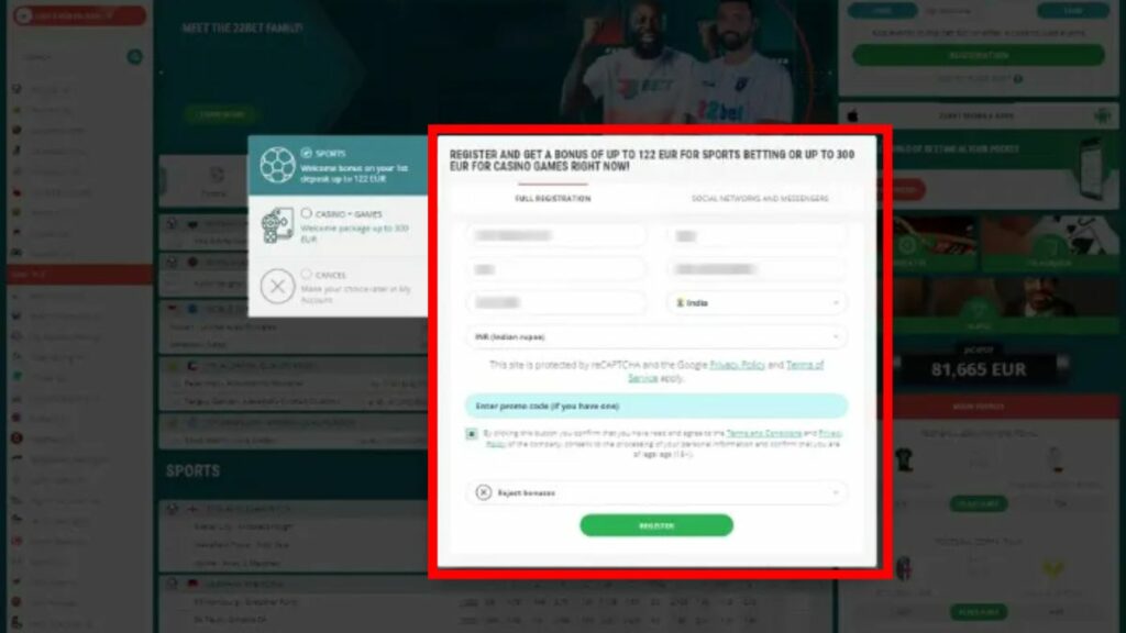 Register at 22bet