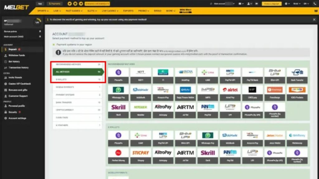 Deposit methods at Melbet